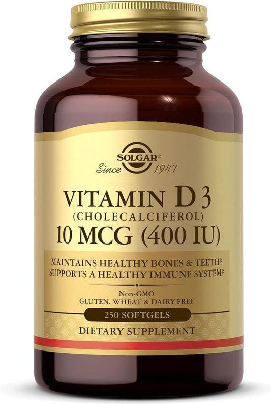 Solgar Vitamin D3 Softgels 10 mcg (400 IU) - 250 Count - Supports Bone Health, Teeth, & Immune System - Non-GMO, Gluten Free, Dairy Free - BoostGo Australia