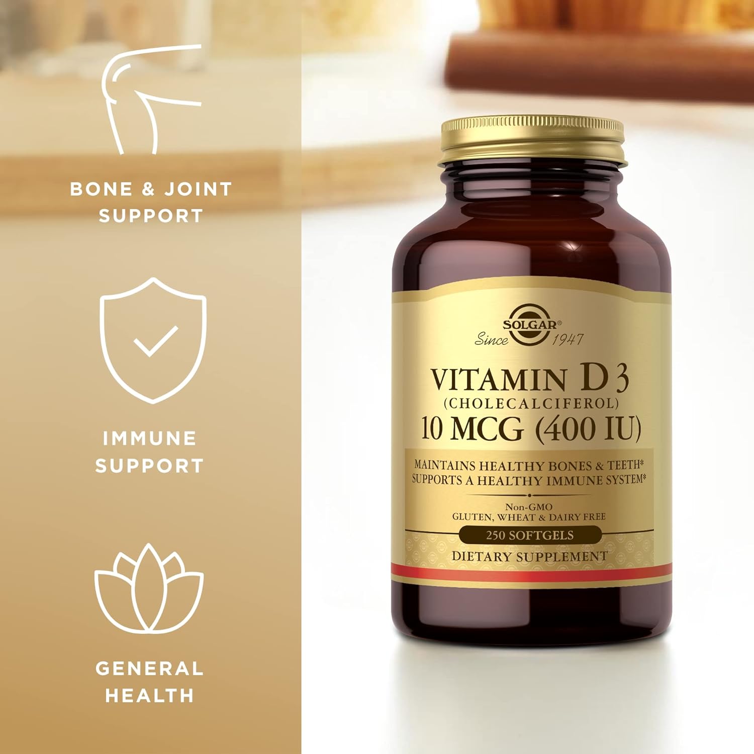 Solgar Vitamin D3 Softgels 10 mcg (400 IU) - 250 Count - Supports Bone Health, Teeth, & Immune System - Non-GMO, Gluten Free, Dairy Free - BoostGo Australia