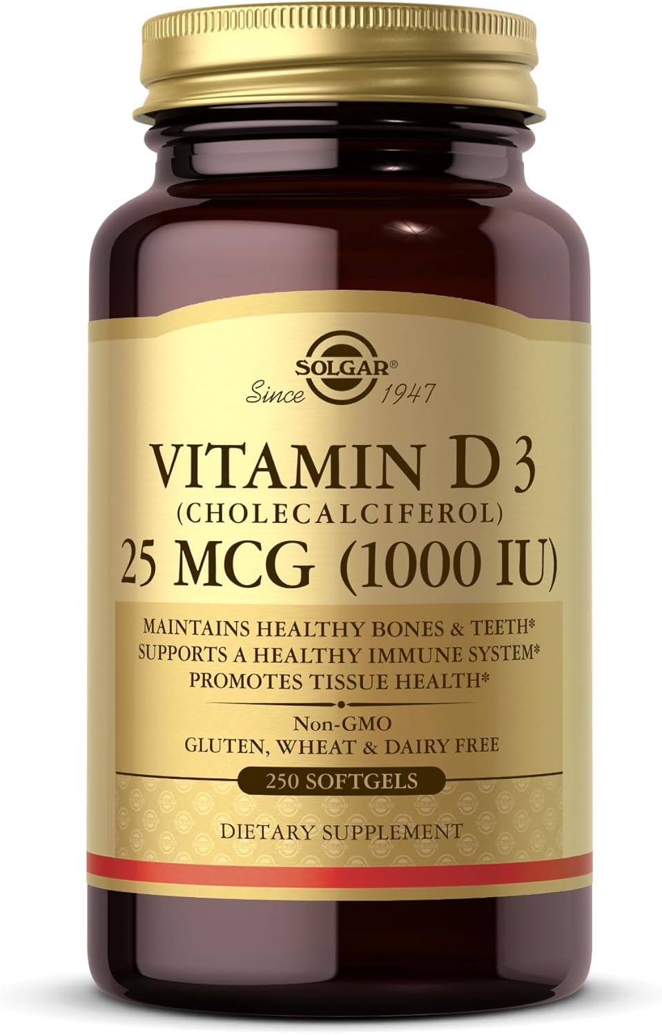 Solgar Vitamin D3 Softgels, 25 MCG (1000 IU) - Promotes Bone Health, Immune System Support - Non-GMO, Gluten Free - 250 Servings