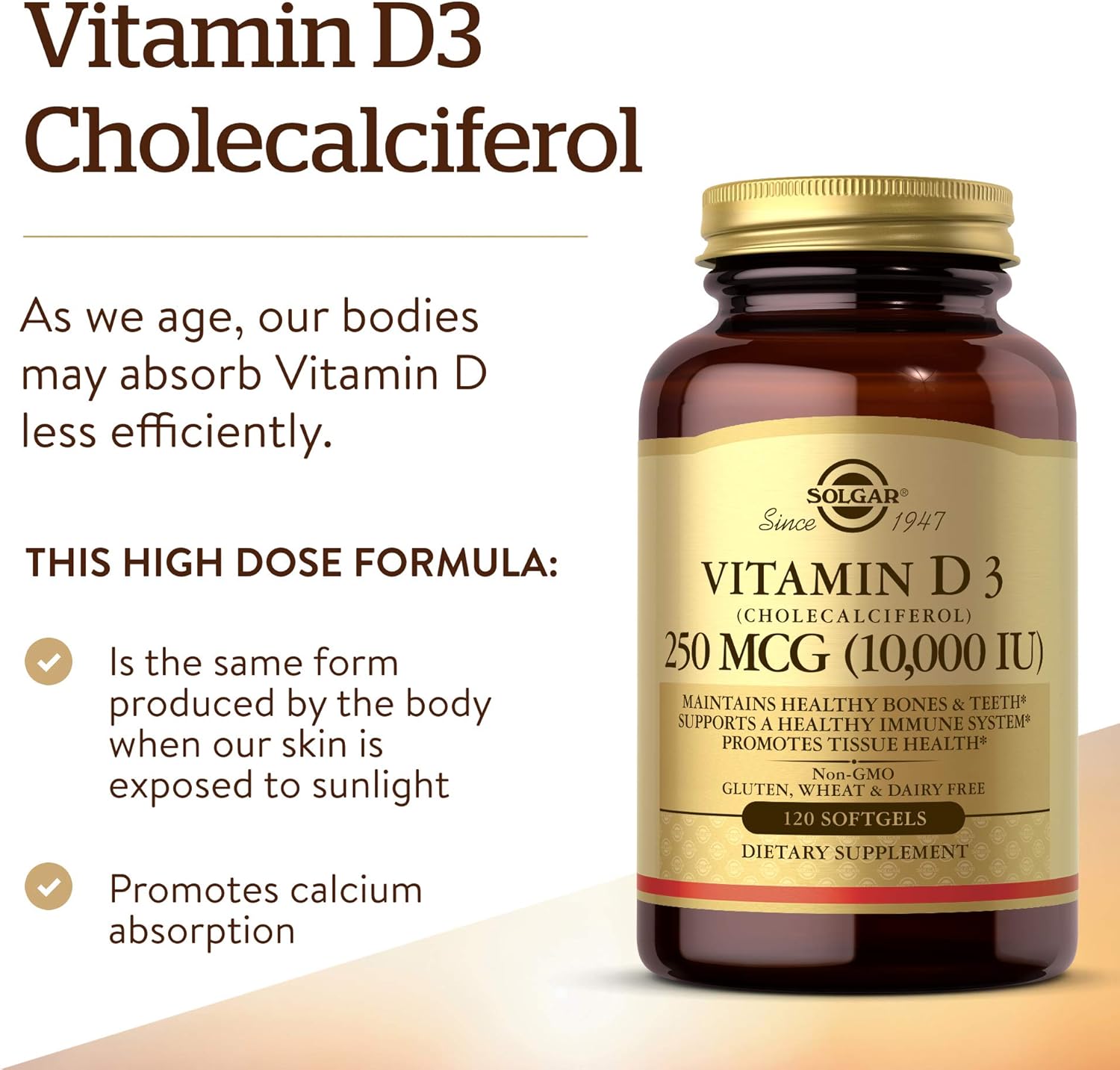Solgar Vitamin D3 Softgels 250 MCG (10,000 IU) - Bone & Teeth Health - Immune System Support - Non GMO, Gluten Free, Dairy Free - 120 Servings - BoostGo Australia