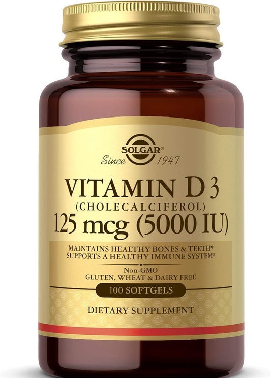 Solgar Vitamin D3 Softgels 5000 IU (125 MCG) - Bone & Teeth Health Support - Immune System Booster - Non GMO, Gluten Free - 100 Servings