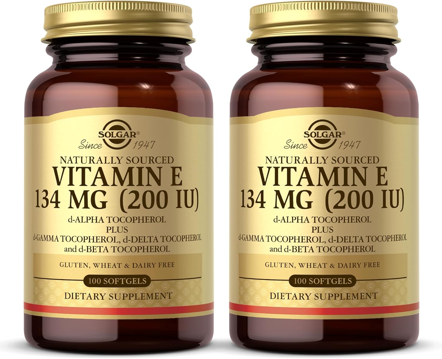 Solgar Vitamin E 200 IU Softgels - Pack of 2, 100 Count - Natural Antioxidant for Immune System Support - Gluten & Dairy Free - 200 Servings