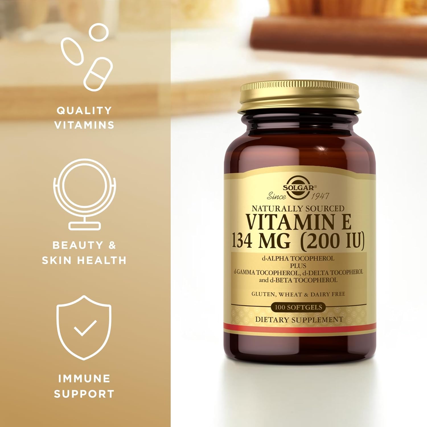 Solgar Vitamin E 200 IU Softgels - Pack of 2, 100 Count - Natural Antioxidant for Immune System Support - Gluten & Dairy Free - 200 Servings