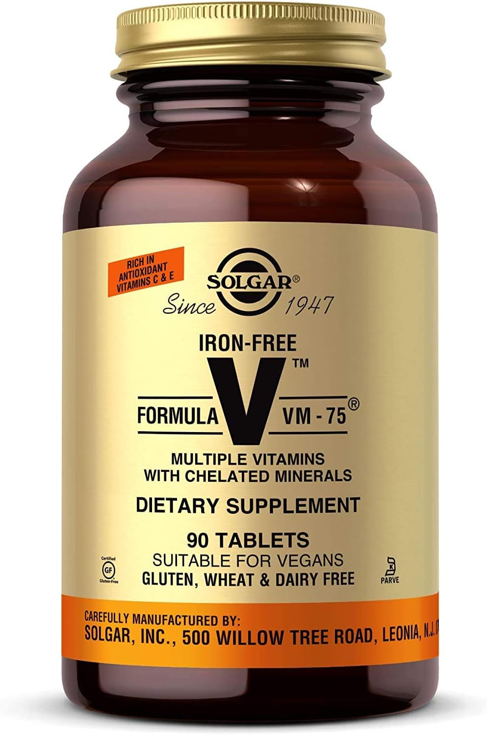 Solgar VM-75 Multivitamin with Chelated Minerals - Iron-Free Formula, 90 Tablets - Vegan & Kosher - Vitamin A, B6, B12, C, D, E - Biotin, Magnesium, Calcium, Zinc - Gluten & Dairy Free - 90 Servings