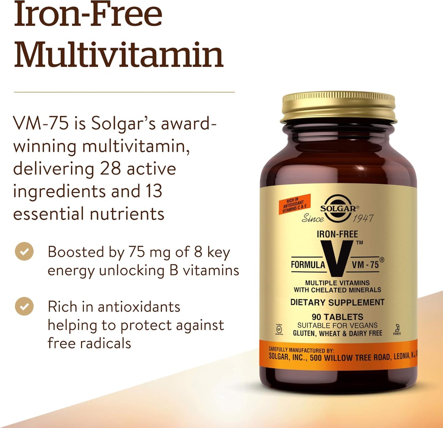 Solgar VM-75 Multivitamin with Chelated Minerals - Iron-Free Formula, 90 Tablets - Vegan & Kosher - Vitamin A, B6, B12, C, D, E - Biotin, Magnesium, Calcium, Zinc - Gluten & Dairy Free - 90 Servings