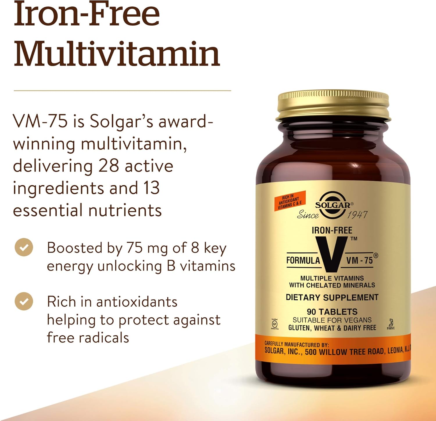 Solgar VM-75 Multivitamin with Chelated Minerals - Iron-Free Formula, 90 Tablets - Vegan & Kosher - Vitamin A, B6, B12, C, D, E - Biotin, Magnesium, Calcium, Zinc - Gluten & Dairy Free - 90 Servings