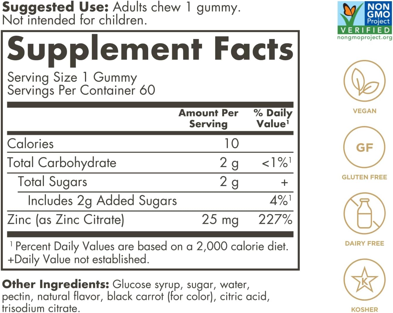 Solgar Zinc Gummies Adult Vitamin with 25mg Ultra Potency Zinc Citrate for Immune Support - Mixed Fruit Flavor, Vegan & Kosher - 60 Servings
