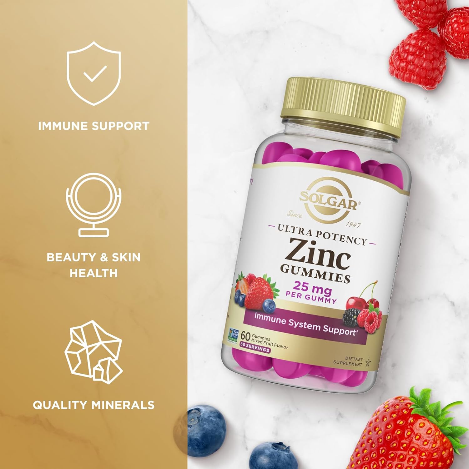 Solgar Zinc Gummies Adult Vitamin with 25mg Ultra Potency Zinc Citrate for Immune Support - Mixed Fruit Flavor, Vegan & Kosher - 60 Servings