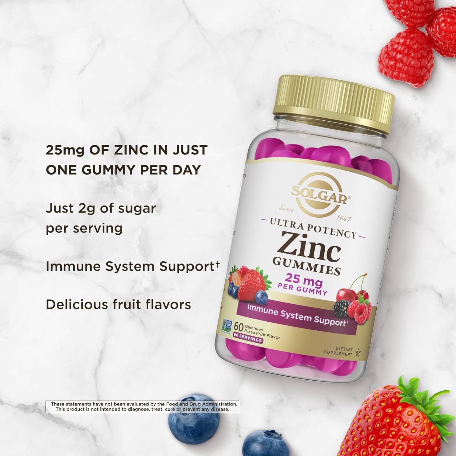 Solgar Zinc Gummies Adult Vitamin with 25mg Ultra Potency Zinc Citrate for Immune Support - Mixed Fruit Flavor, Vegan & Kosher - 60 Servings