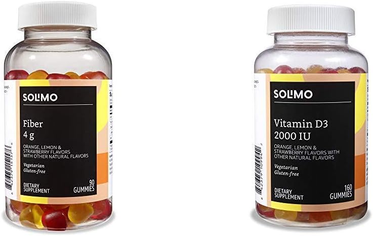 Solimo Basics Fiber and Vitamin D3 Gummies Bundle - 90 Count Fiber Gummies, 160 Count Vitamin D3 Gummies