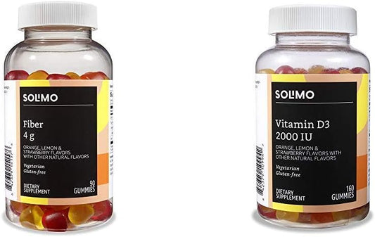 Solimo Basics Fiber and Vitamin D3 Gummies Bundle - 90 Count Fiber Gummies, 160 Count Vitamin D3 Gummies