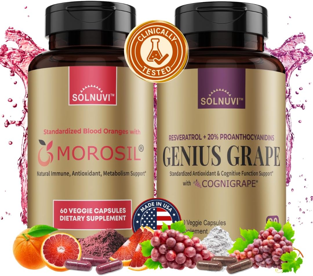 SOLNUVI All in One C3G Bundle - Morosil & Resveratrol Complex with Cognigrape Red Grape Extract - Metabolism, Brain Health, Wellness Support - Non-GMO, Gluten-Free, Vegan Supplement