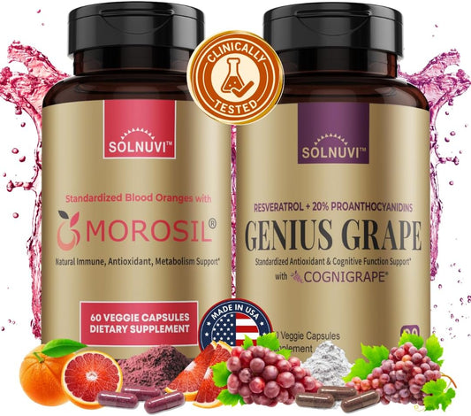 SOLNUVI All in One C3G Bundle - Morosil & Resveratrol Complex with Cognigrape Red Grape Extract - Metabolism, Brain Health, Wellness Support - Non-GMO, Gluten-Free, Vegan Supplement