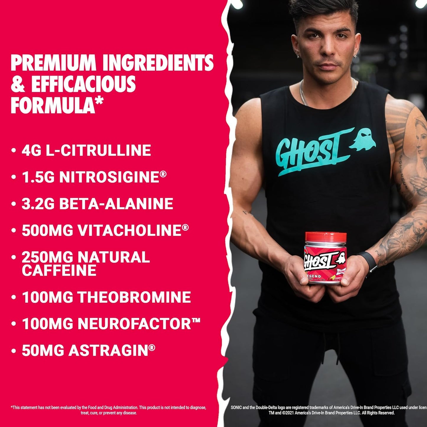 Sonic Cherry Limeade GHOST Legend V3 Pre-Workout Powder - 30 Servings - Energy & Focus Boost for Men & Women - Caffeine, L-Citrulline, & Beta Alanine Formula - Soy, Sugar, Gluten Free, Vegan