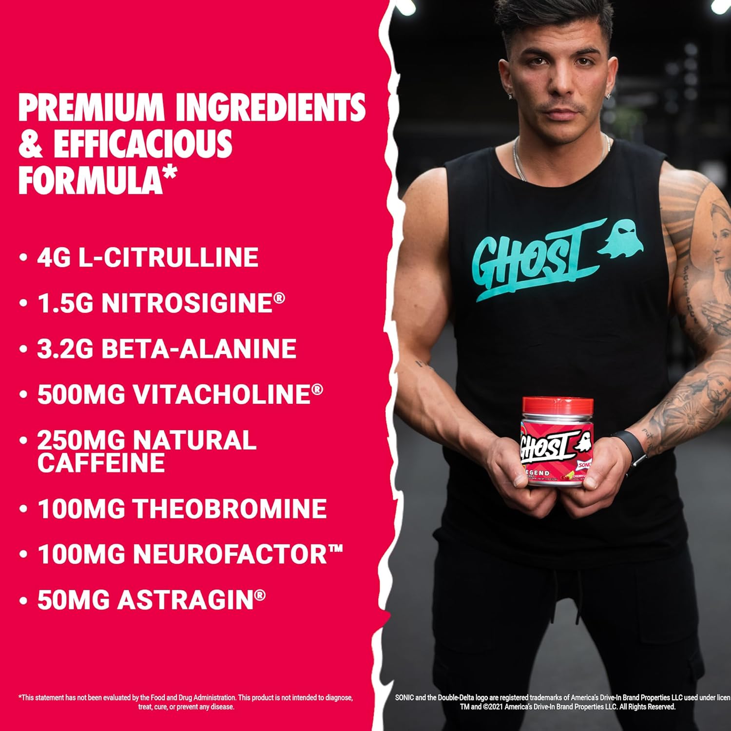 Sonic Cherry Limeade GHOST Legend V3 Pre-Workout Powder - 30 Servings - Energy & Focus Boost for Men & Women - Caffeine, L-Citrulline, & Beta Alanine Formula - Soy, Sugar, Gluten Free, Vegan
