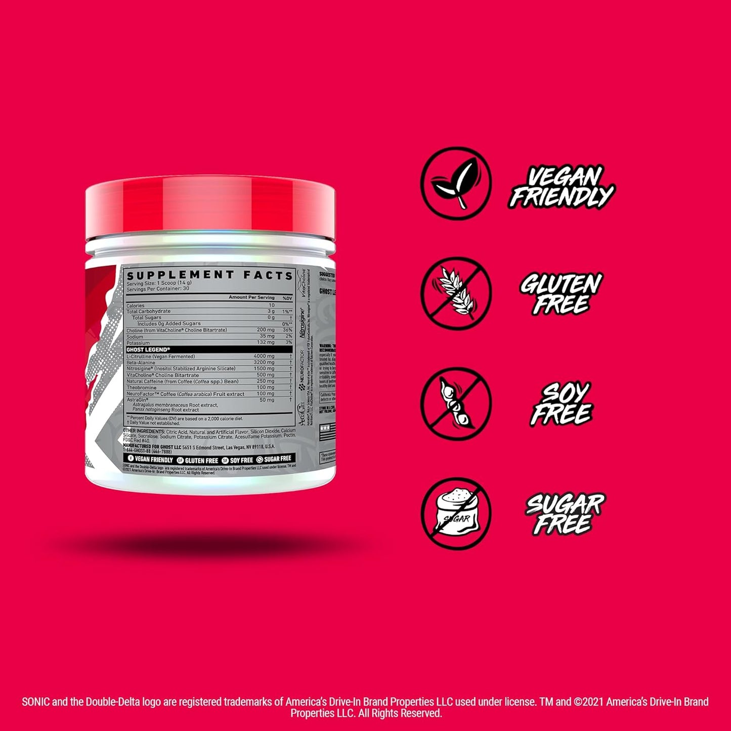 Sonic Cherry Limeade GHOST Legend V3 Pre-Workout Powder - 30 Servings - Energy & Focus Boost for Men & Women - Caffeine, L-Citrulline, & Beta Alanine Formula - Soy, Sugar, Gluten Free, Vegan