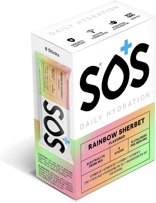 SOS Hydration Electrolyte Powder Packets - 8 Stick Packets, Rainbow Sherbert Flavor