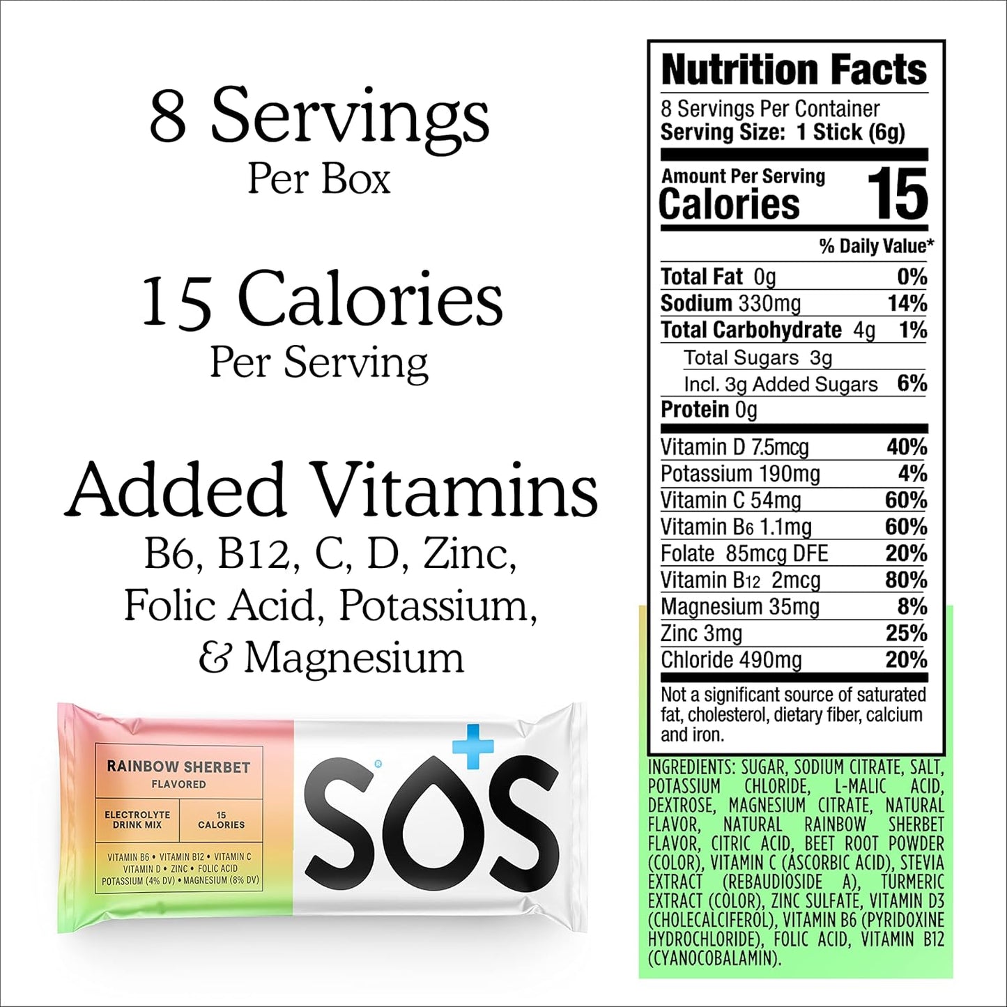 SOS Hydration Electrolyte Powder Packets - 8 Stick Packets, Rainbow Sherbert Flavor