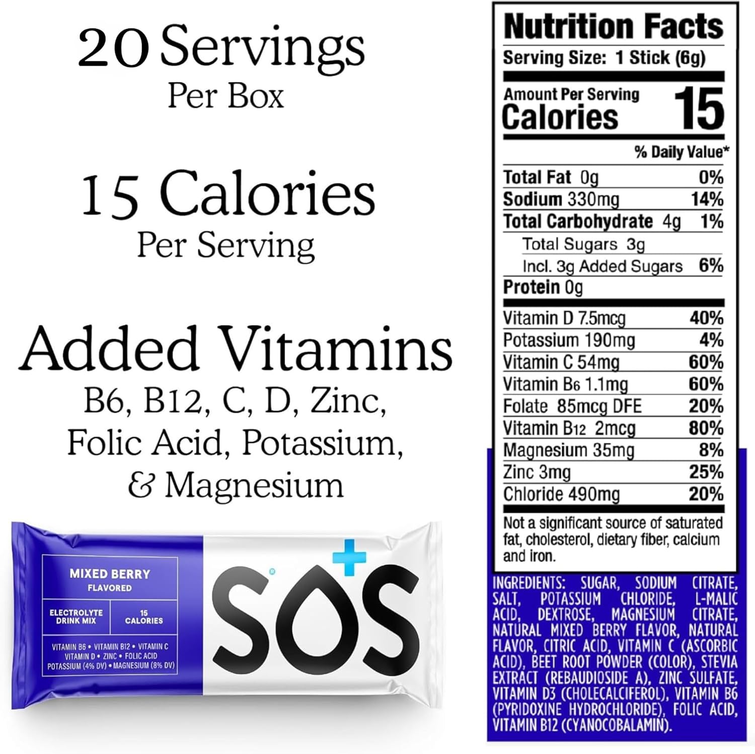 SOS Hydration Electrolyte Powder Packets - USA Made, Low-Calorie, Zero Sugar, Rapid Rehydration, Keto & Vegan Friendly - 20 Stick Variety Pack