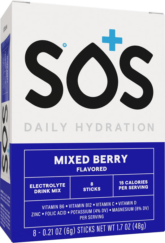 SOS Hydration Electrolyte Powder Packets, Mixed Berry, 8 Stick Packs - Low-Calorie, Rapid Rehydration, Keto & Vegan Friendly, Made in USA