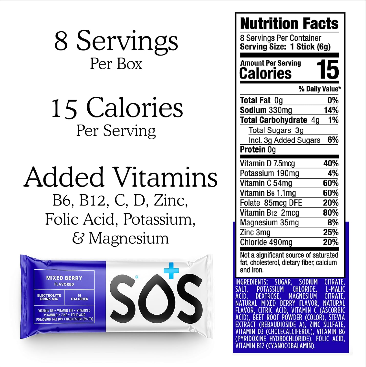 SOS Hydration Electrolyte Powder Packets, Mixed Berry, 8 Stick Packs - Low-Calorie, Rapid Rehydration, Keto & Vegan Friendly, Made in USA