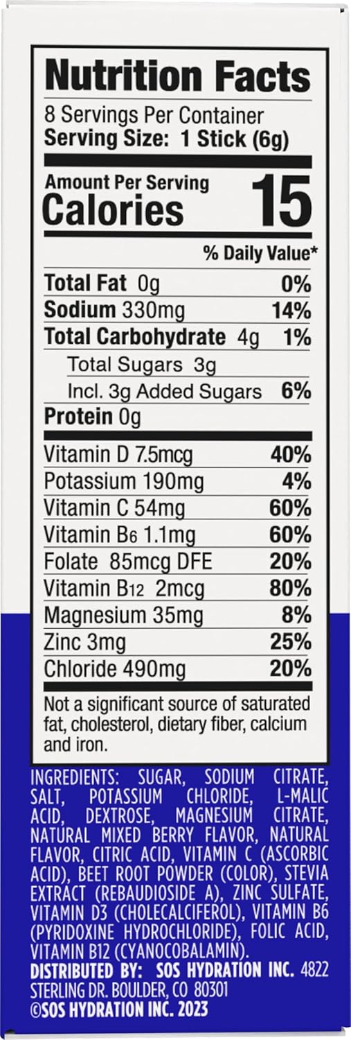 SOS Hydration Electrolyte Powder Packets, Mixed Berry, 8 Stick Packs - Low-Calorie, Rapid Rehydration, Keto & Vegan Friendly, Made in USA