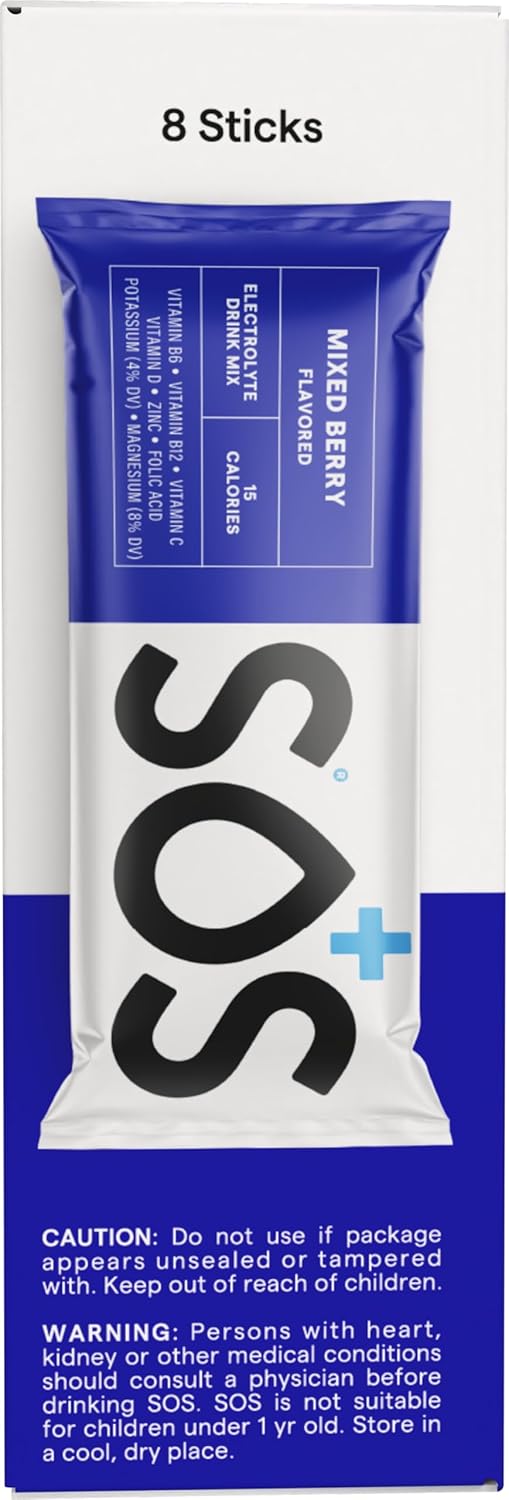 SOS Hydration Electrolyte Powder Packets, Mixed Berry, 8 Stick Packs - Low-Calorie, Rapid Rehydration, Keto & Vegan Friendly, Made in USA