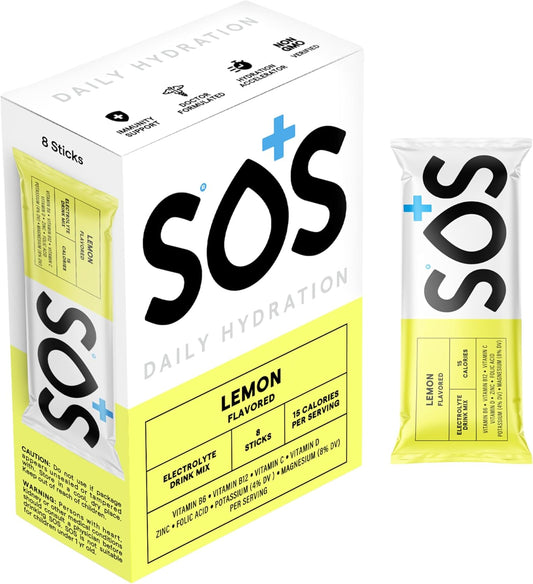 SOS Hydration Lemon Electrolyte Powder Packets - 8 Stick Packs, Low-Calorie, Zero Sugar, Rapid Rehydration - Made in USA, Keto & Vegan Friendly
