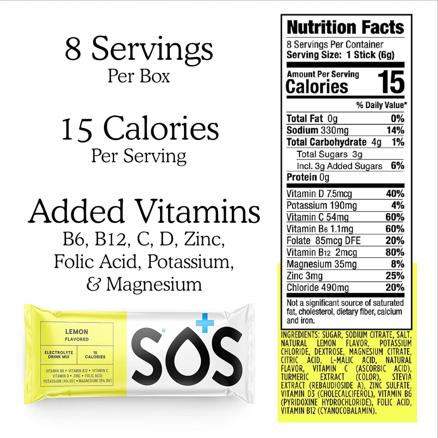 SOS Hydration Lemon Electrolyte Powder Packets - 8 Stick Packs, Low-Calorie, Sugar-Free, USA Made, Keto & Vegan Friendly