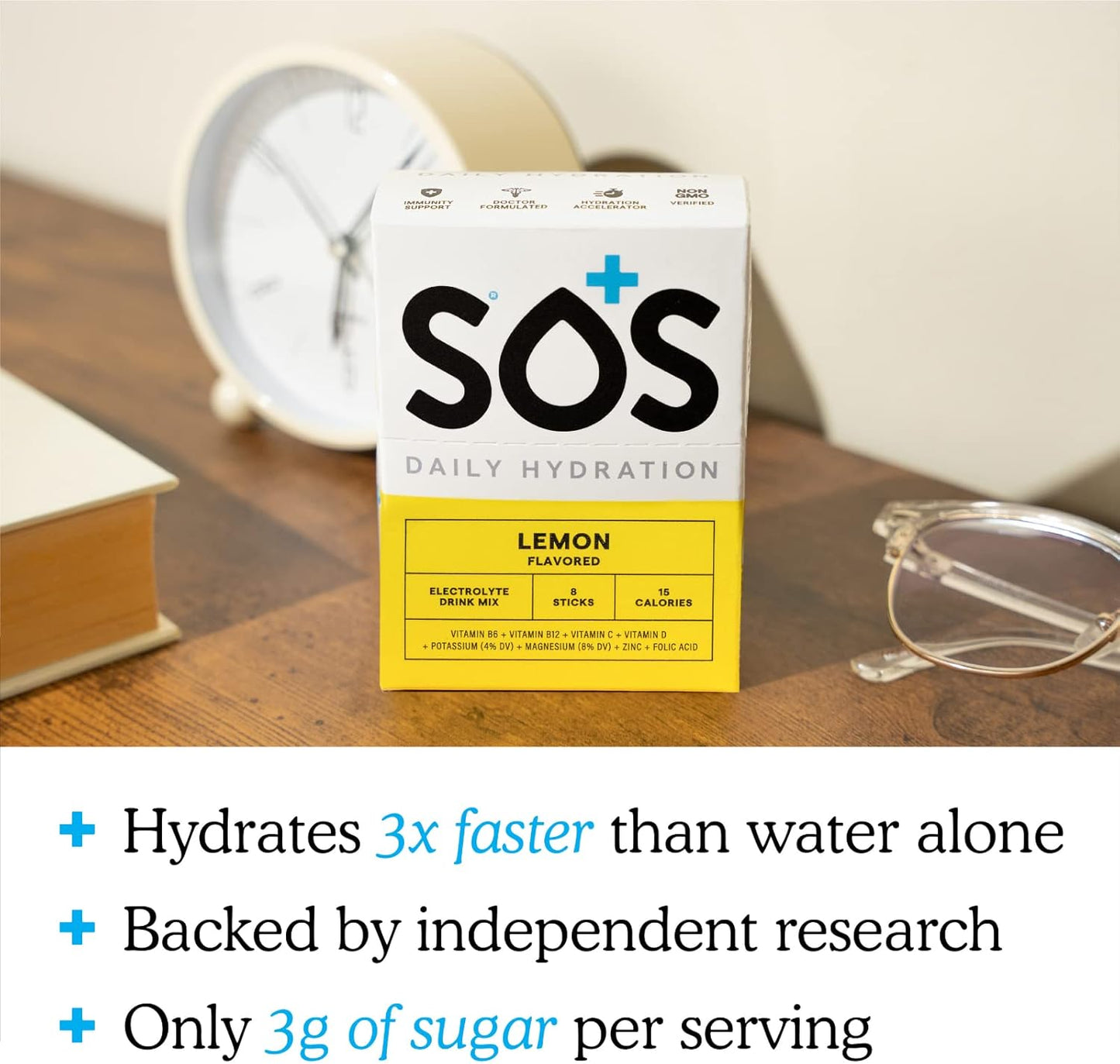 SOS Hydration Lemon Electrolyte Powder Packets - 8 Stick Packs, Low-Calorie, Sugar-Free, USA Made, Keto & Vegan Friendly
