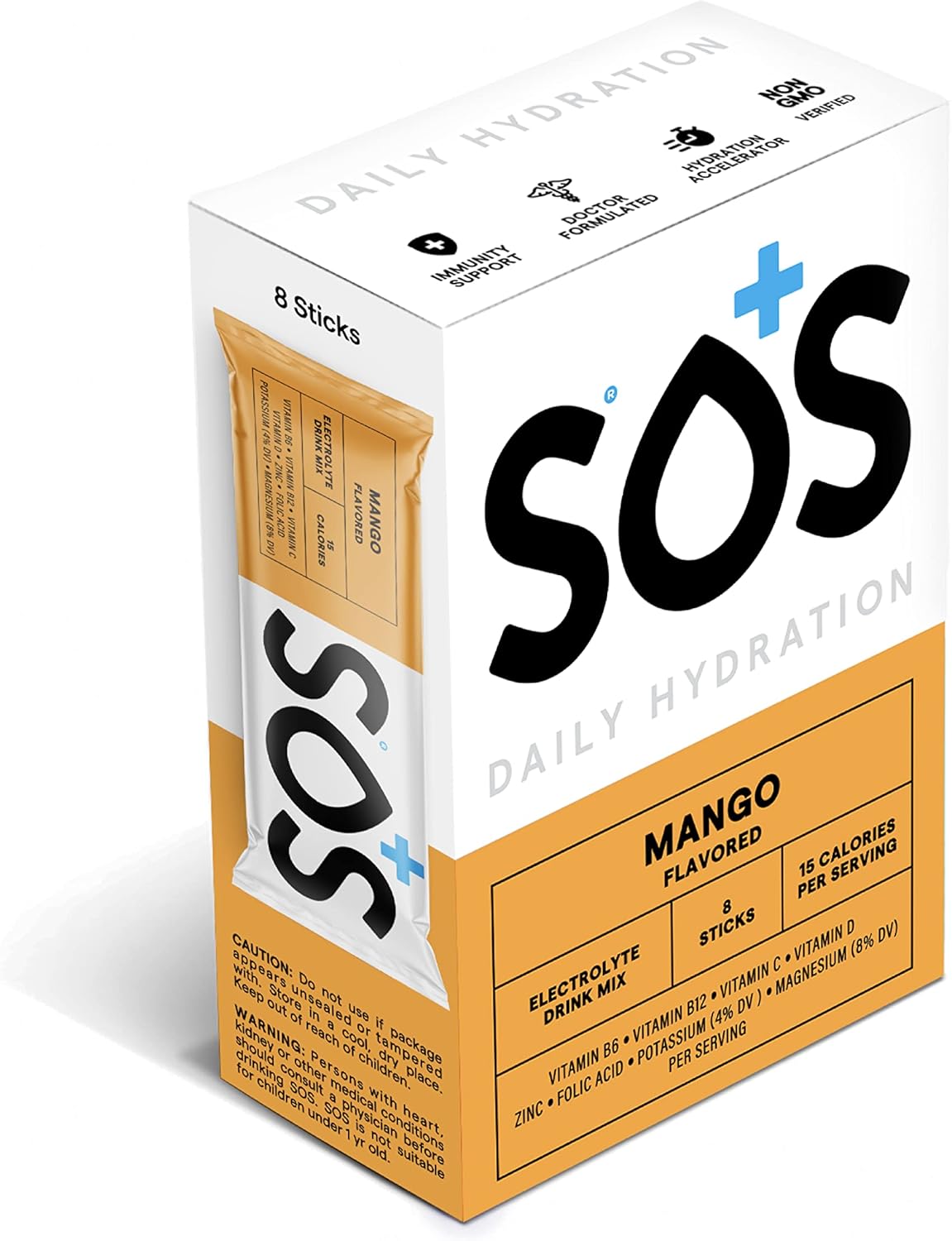 SOS Hydration Mango Electrolyte Powder Packets - 8 Stick Packs, Low-Calorie, Rapid Rehydration - USA made, Keto & Vegan Friendly
