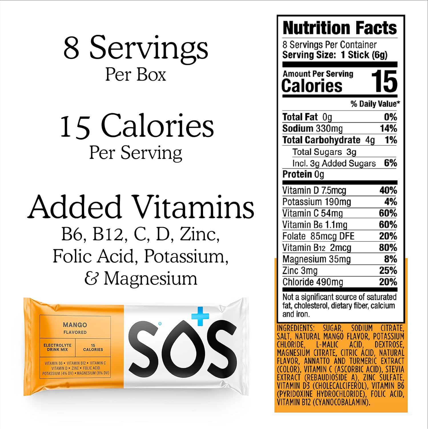 SOS Hydration Mango Electrolyte Powder Packets - 8 Stick Packs, Low-Calorie, Rapid Rehydration - USA made, Keto & Vegan Friendly