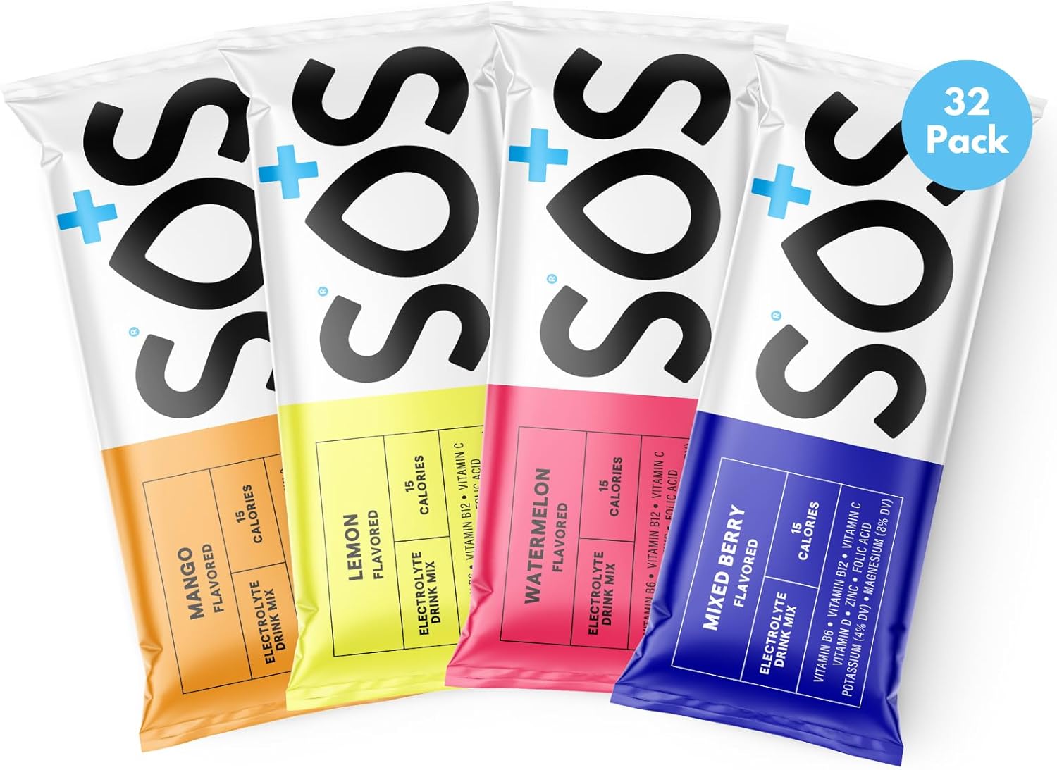 SOS Hydration Variety Pack - 4 Flavors, 32 Sticks for Electrolyte Hydration