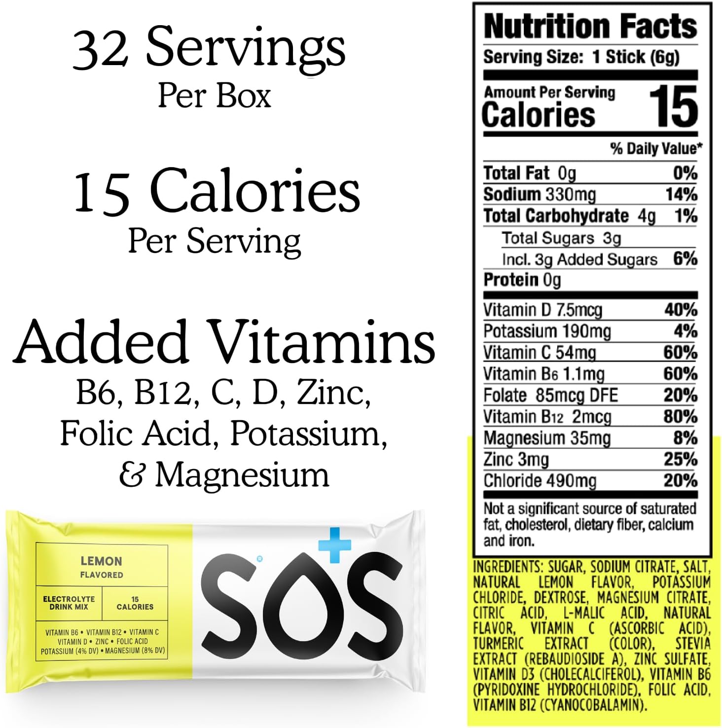 SOS Hydration Variety Pack - 4 Flavors, 32 Sticks for Electrolyte Hydration