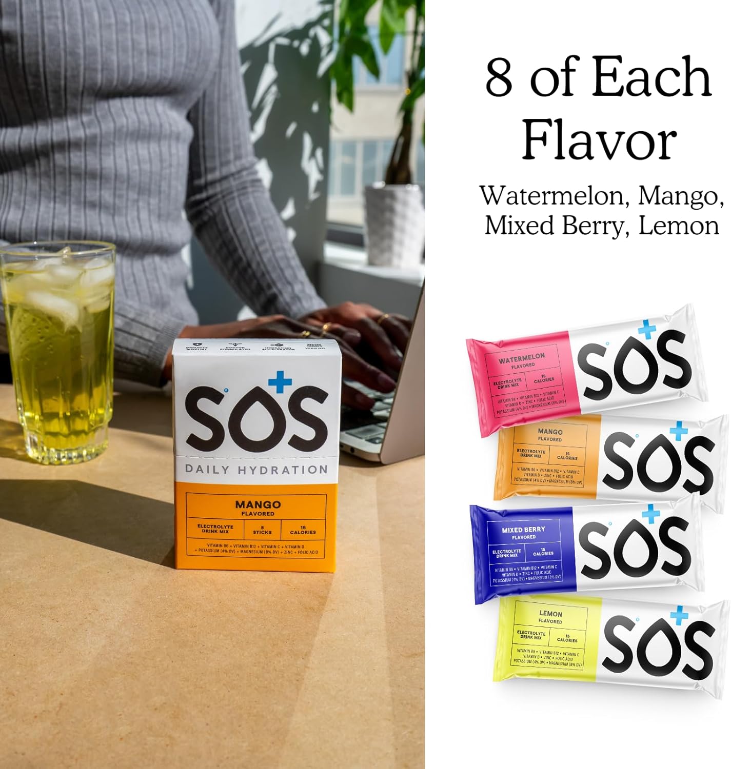 SOS Hydration Variety Pack - 4 Flavors, 32 Sticks for Electrolyte Hydration