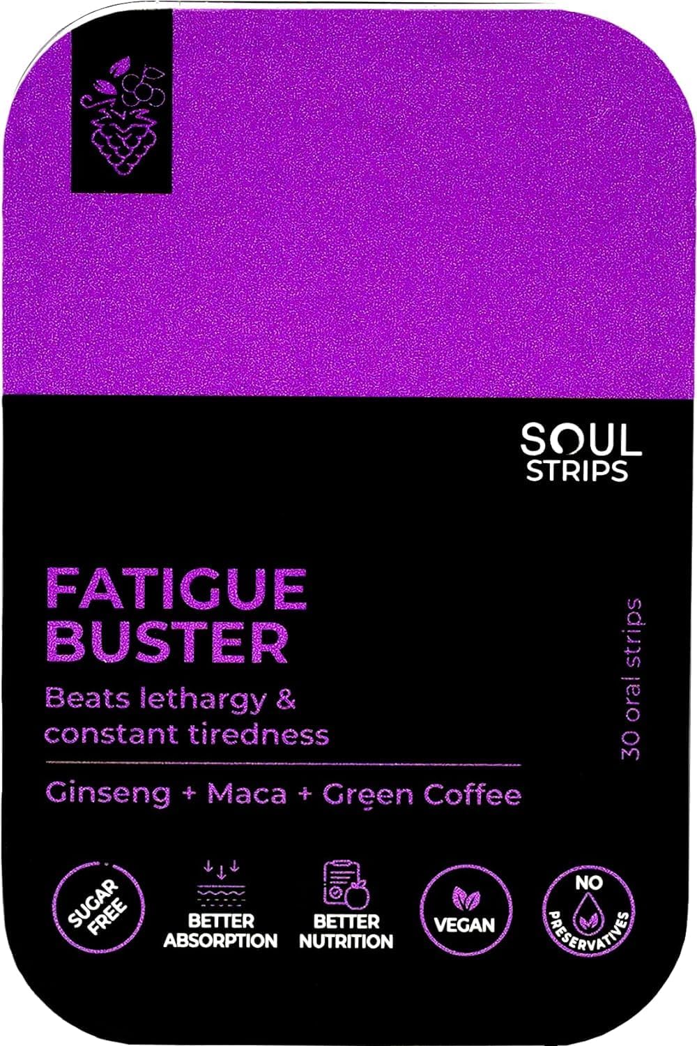 Soul Nutrition Soul Strips: Ginseng, Maca, Green Coffee Fatigue Buster - Mixed Berries Flavor, Vegan, 30 Pack