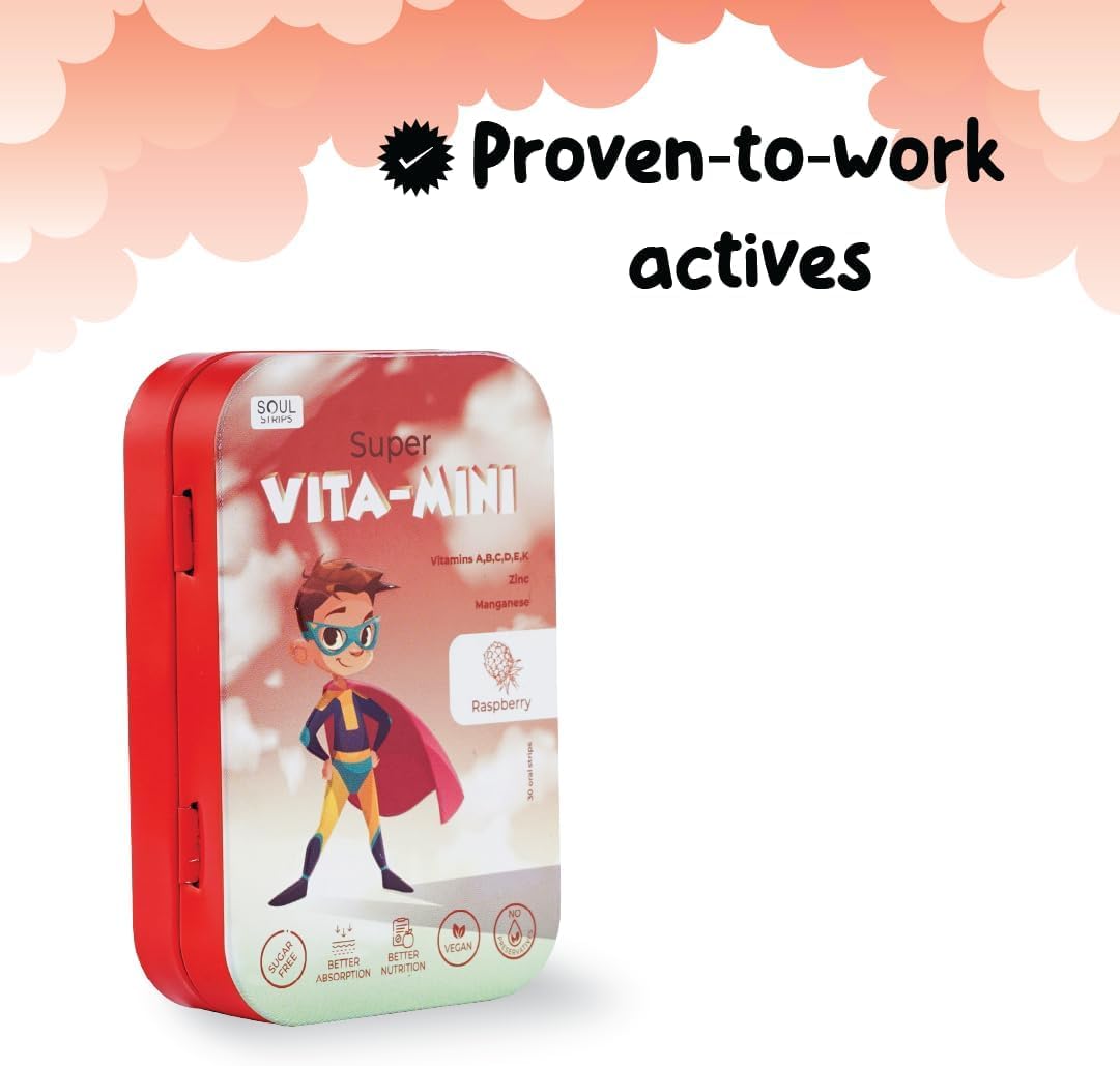 SOUL NUTRITIONS Super Vita-Mini Kids' Essential Vitamins & Minerals Raspberry Strips - Zero Sugar, 100% Vegan, 30 Pack