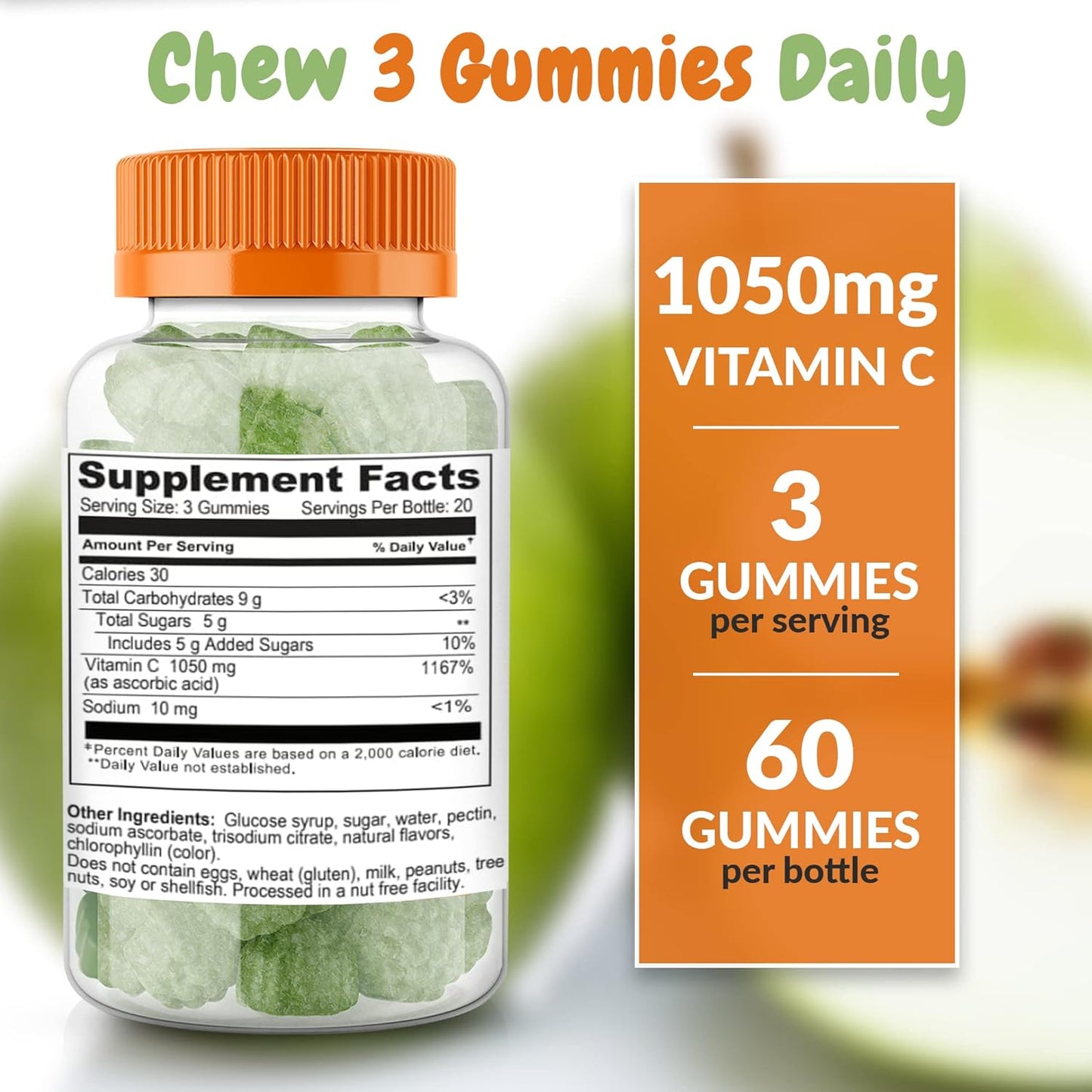 Sour Apple Health Supplied Vitamins - 60 Count Pack for Daily Wellness and Immune Support