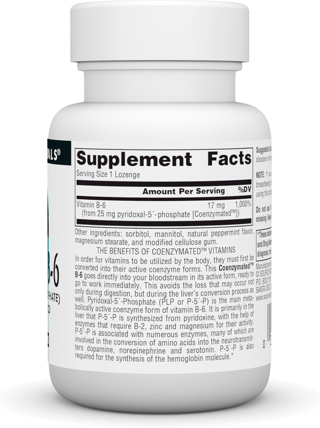 Source Naturals Coenzymated B-6 25mg P-5 Pyridoxal-5 Phosphate Lozenges for Amino Acid Metabolism - 60 Count
