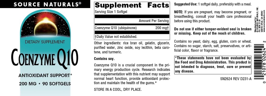 Source Naturals Coenzyme Q10 200mg Softgels - Antioxidant Support for Heart, Brain, Immunity, and Liver - 90 Count