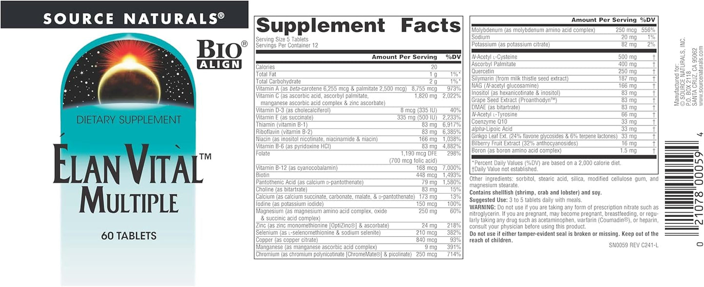 Source Naturals Elan Vital Multiple Tablets - Supports Brain, Heart, Liver, Immune System, Energy Boost - 60 Count