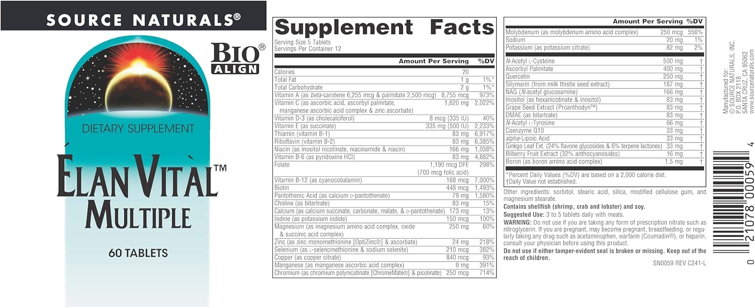 Source Naturals Elan Vital Multiple Tablets - Supports Brain, Heart, Liver, Immune System, Energy Boost - 60 Count