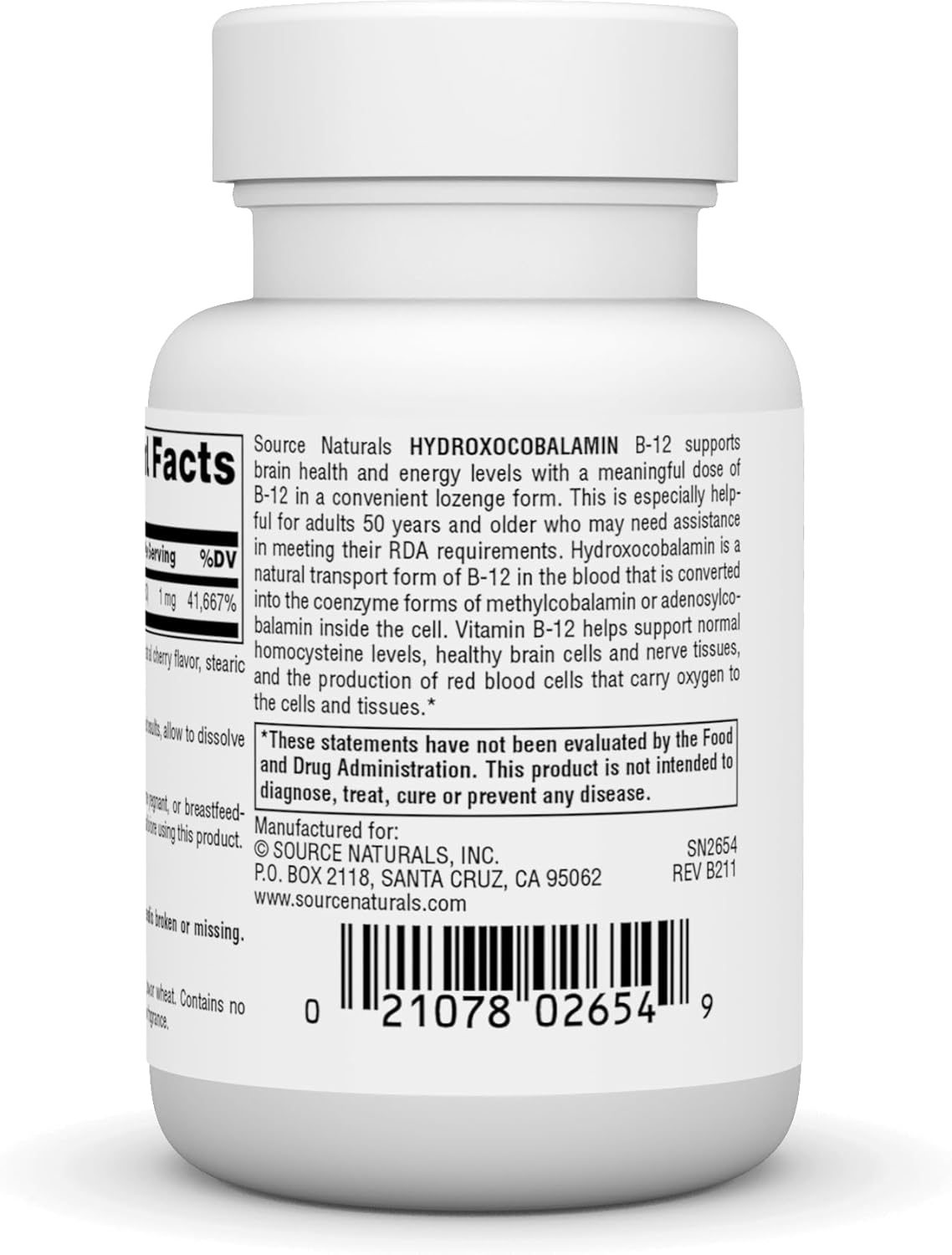 Source Naturals HydroxoCobalamin Cherry Flavored Lozenges - 1 mg Vitamin B-12, 60 Count