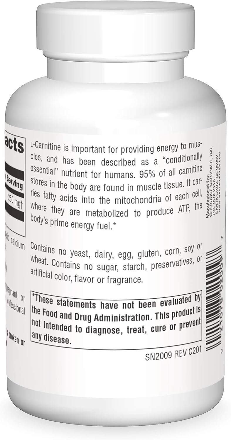 Source Naturals L-Carnitine Capsules for Metabolic Energy Support - 250mg, 120 Count