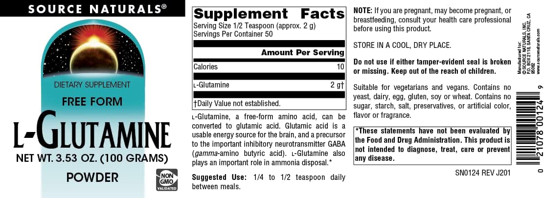 Source Naturals L-Glutamine Powder for Metabolic Energy Support - 100g Free Form Amino Acid Supplement