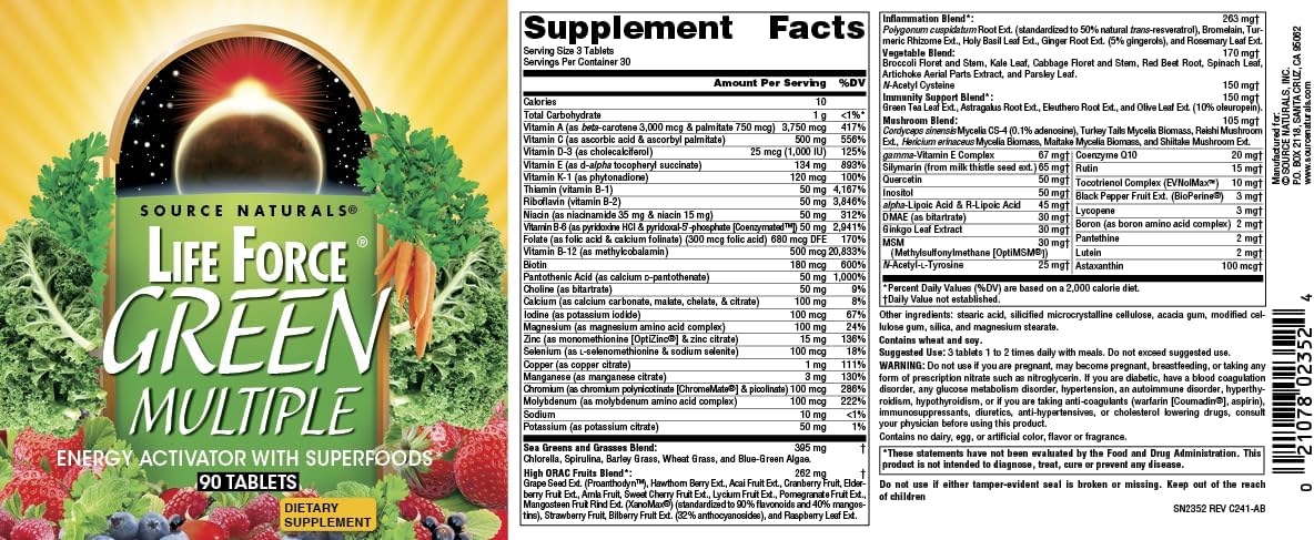 Source Naturals Life Force Green Multiple - Energy Boosting Superfood Supplement - 90 Tablets