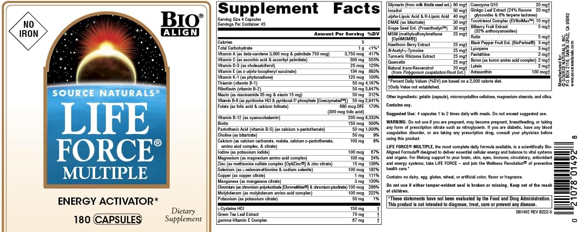 Source Naturals Life Force Multiple: Energy Activator, Iron-Free Daily Multivitamin with High Potency Nutrients - 180 Capsules