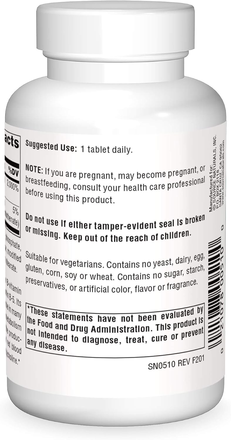 Source Naturals Pantothenic Acid 100 mg Vitamin B-5 Supplement - 250 Tablets for Overall Health and Wellness
