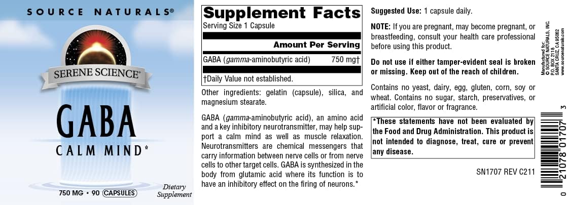 Source Naturals Serene Science GABA Capsules - 90 Count, 750mg for Calm Mind & Relaxation