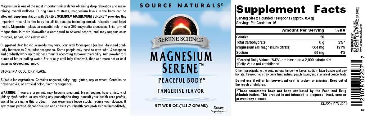 Source Naturals Serene Science Magnesium Powder for a Calm and Relaxed Body, Tangerine Flavored - 5 Ounce Container